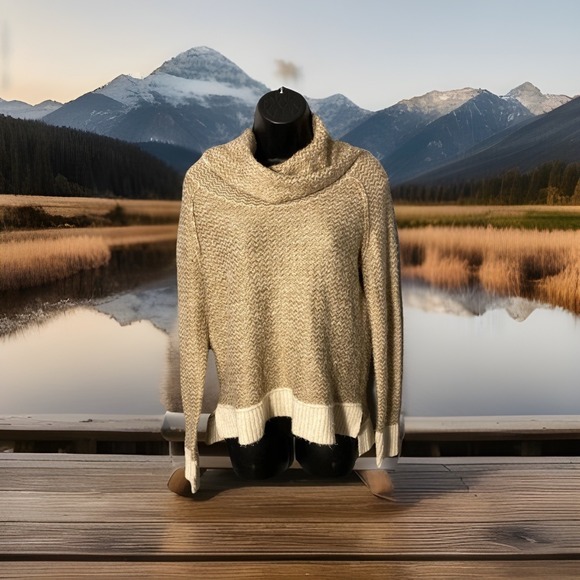 Kensie Sweater Cowl Neck Small Knitted Cream Tan - Picture 1 of 9